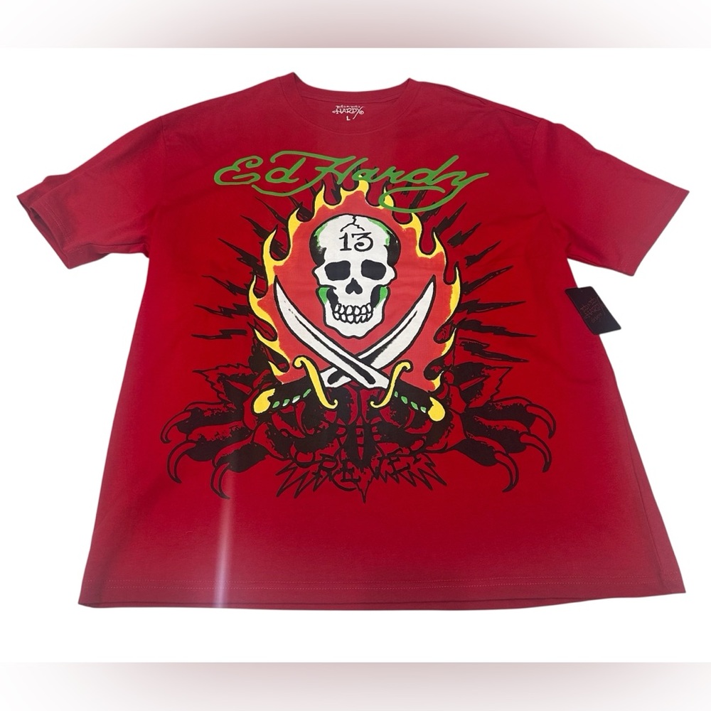 Ed‎ Hardy Men's Short Sleeve Free Forever
Flaming Skull Sword Tshirt red  L NWT
